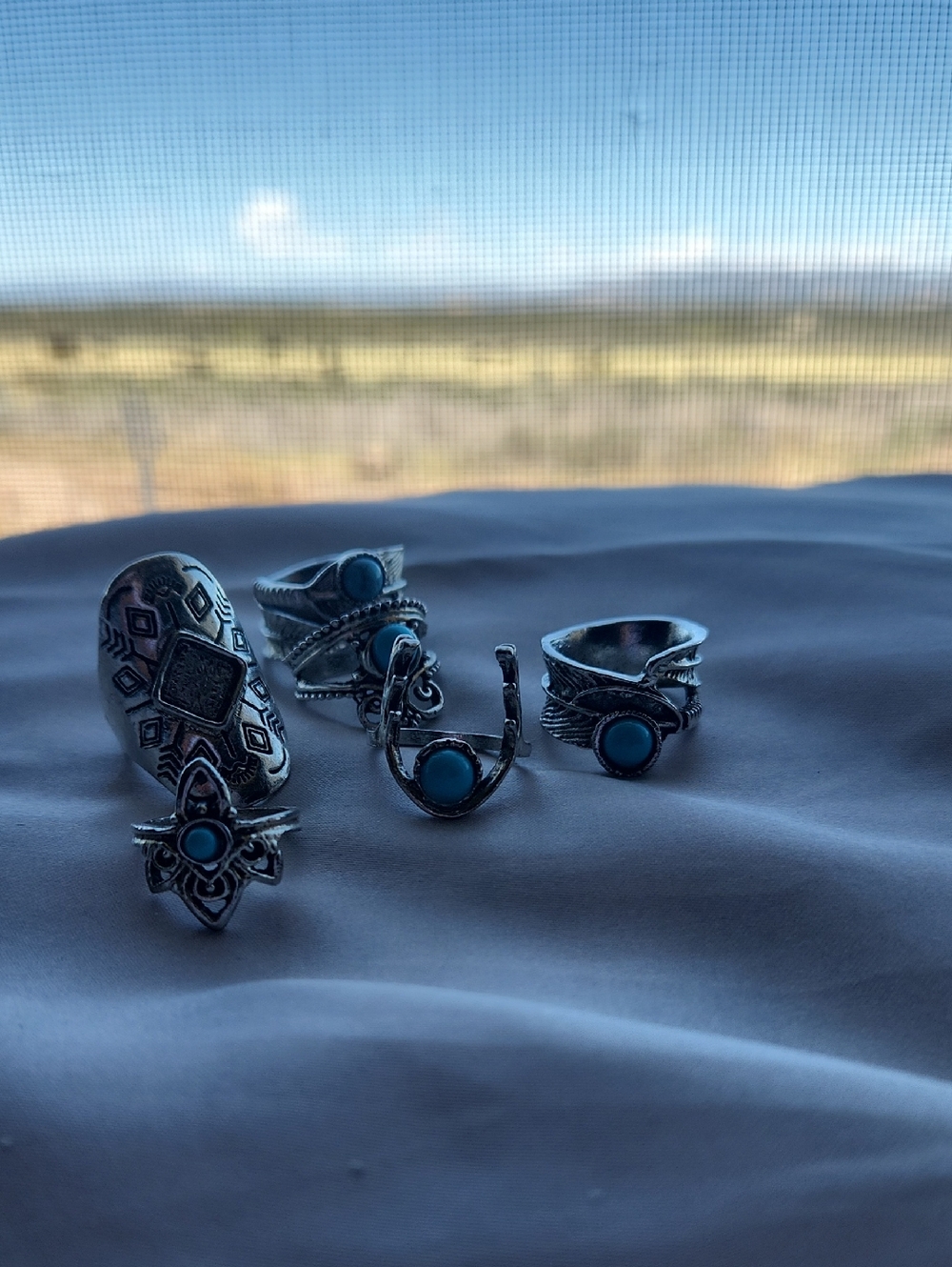 Boho Silver Tone Turquoise Stackable Rings - Set of 6